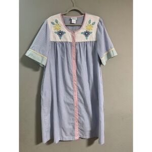 Vintage National Blue White Pink Stripe Seersucker Nightgown Dress‎ Ln